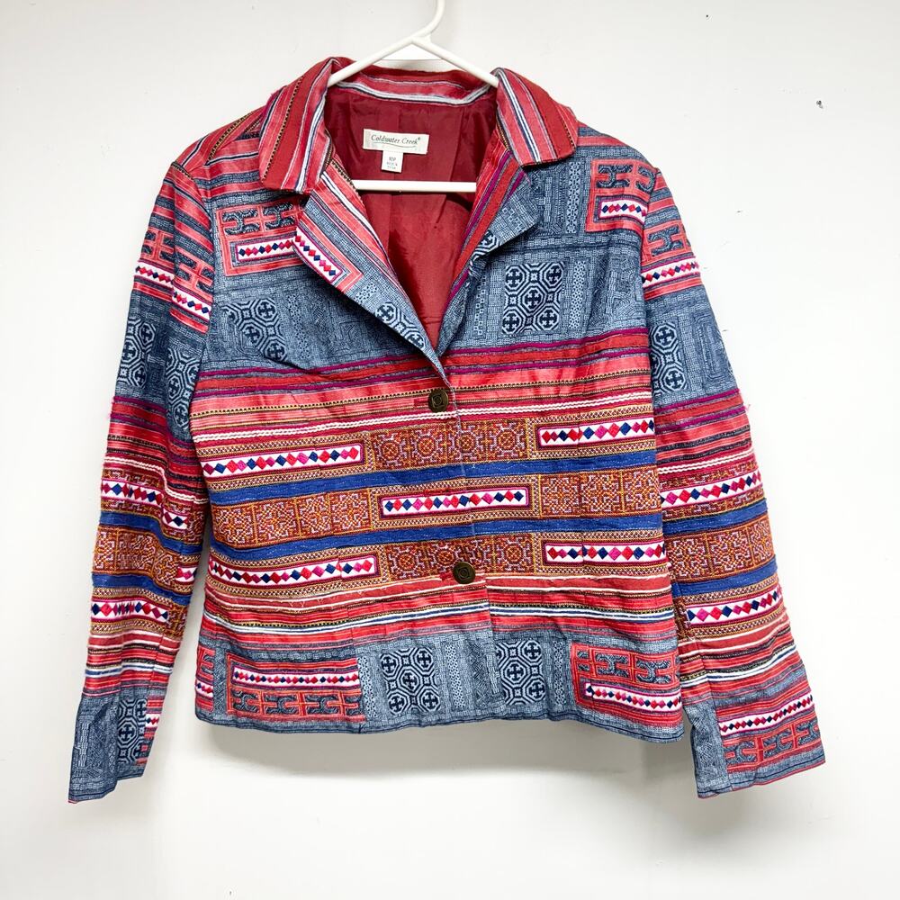 Coldwater Creek Womens Blazer Jacket Southwestern Boho Denim Artsy Multi 10P